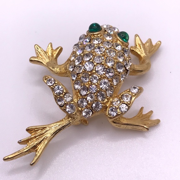 Crystal Gold Tone Frog Pin Brooch - Picture 3 of 6
